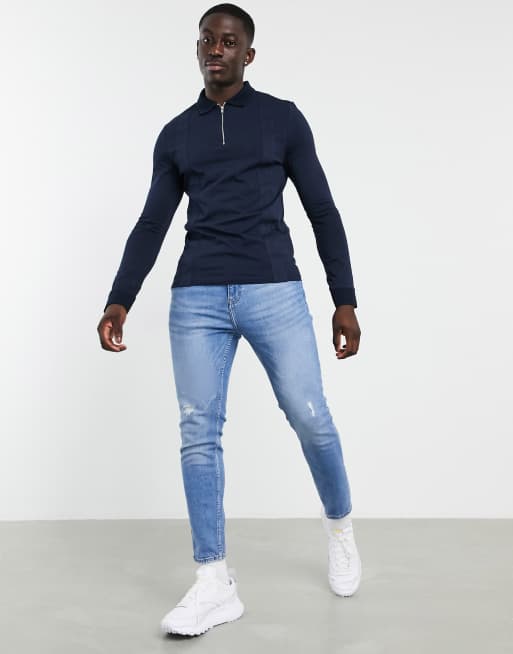 ASOS DESIGN muscle fit smart long sleeve polo in navy with zip collar