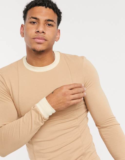 ASOS DESIGN muscle fit smart long sleeve tshirt with pintuck detail in beige ASOS