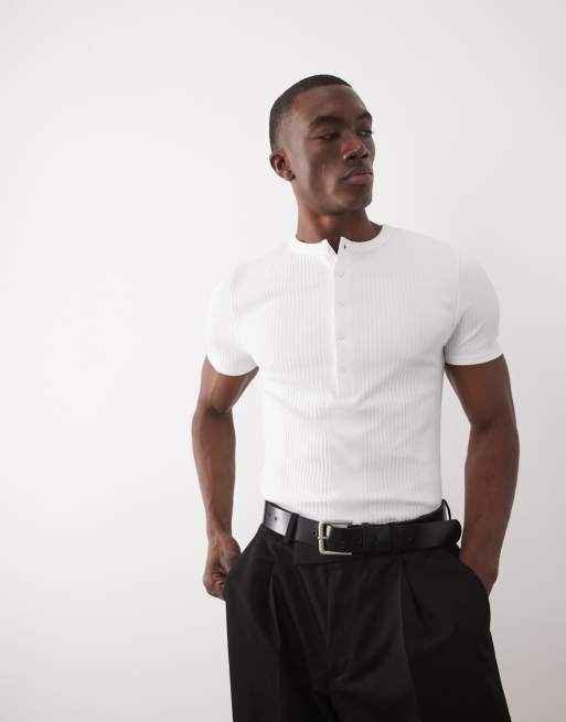 ASOS DESIGN muscle fit smart ribbed T-shirt with henley neck in white | ASOS