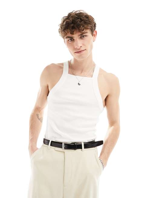 ASOS DESIGN muscle fit square neck rib tank in white