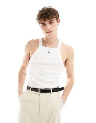 ASOS DESIGN muscle fit square neck rib vest in white
