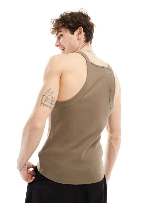 ASOS DESIGN muscle fit square neck ribbed tank top in brown ASOS