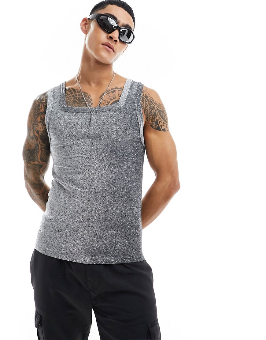 ASOS DESIGN muscle fit square neck vest in glitter fabric-Silver
