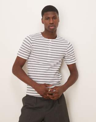 Asos Design Muscle Fit Striped T-shirt With Granddad Neck In White