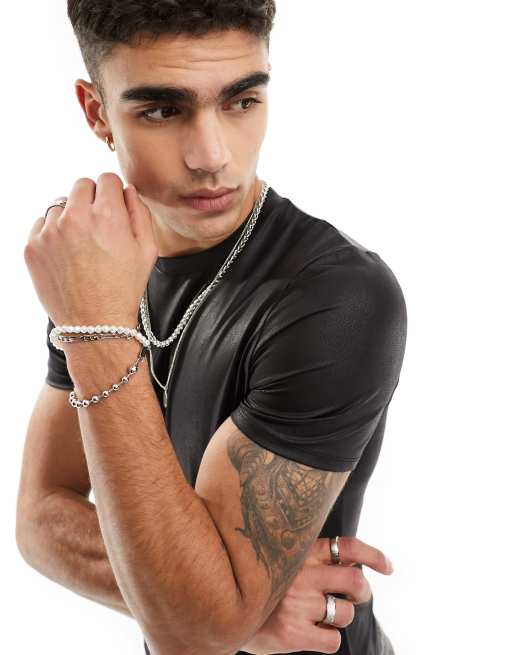 ASOS DESIGN muscle fit t-shirt in black faux leather, 2 of 4