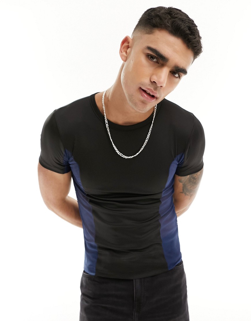 ASOS DESIGN muscle fit t-shirt in black with navy mesh side panels