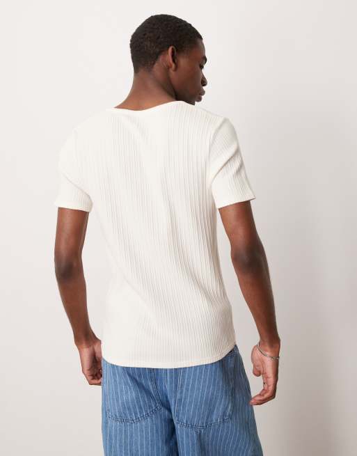 ASOS DESIGN muscle fit t-shirt in cream textured rib , 3 of 4