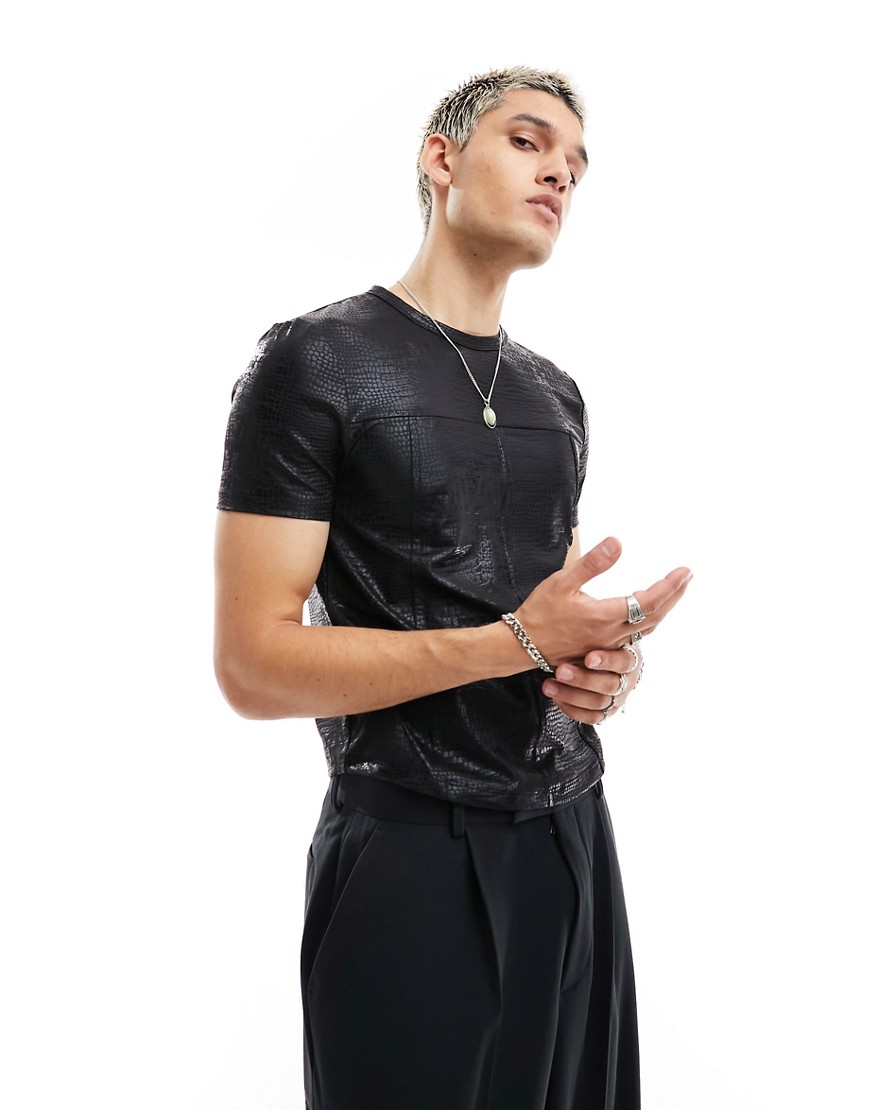 ASOS DESIGN muscle fit t-shirt in croc faux leather with corset detail-Black