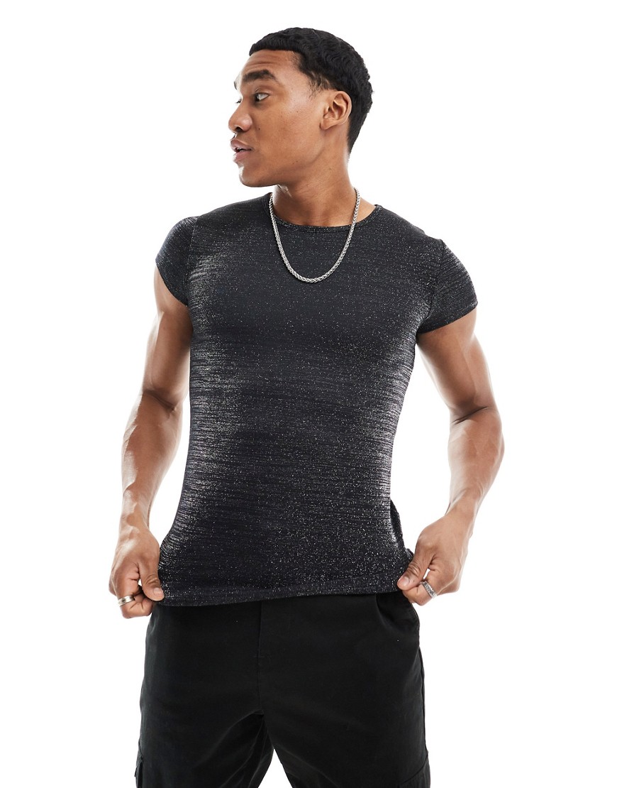 ASOS DESIGN muscle fit t-shirt in glitter fabric-Silver