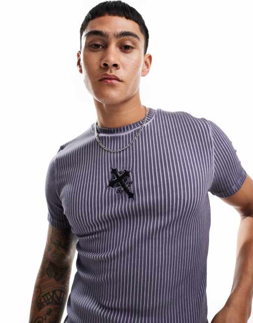 ASOS DESIGN muscle fit T-shirt in gray washed rib with cross chest embroidery