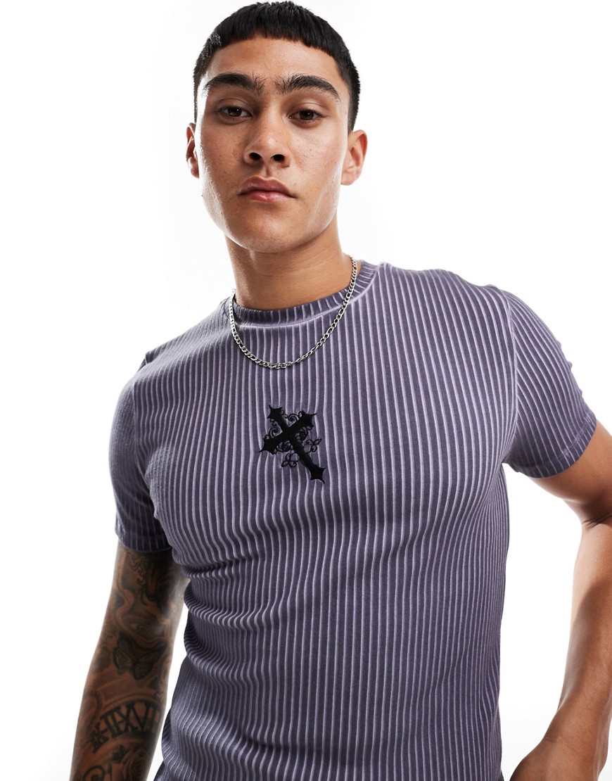 ASOS DESIGN muscle fit t-shirt in grey washed rib with cross chest embroidery