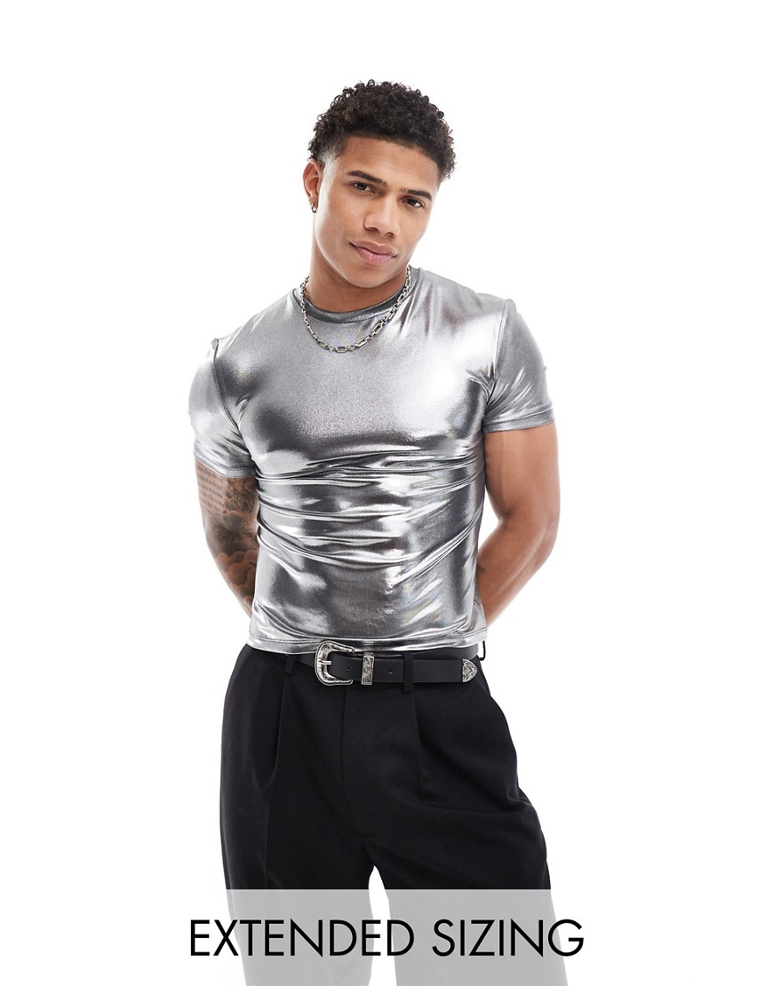 ASOS DESIGN muscle fit t-shirt in metallic-Silver