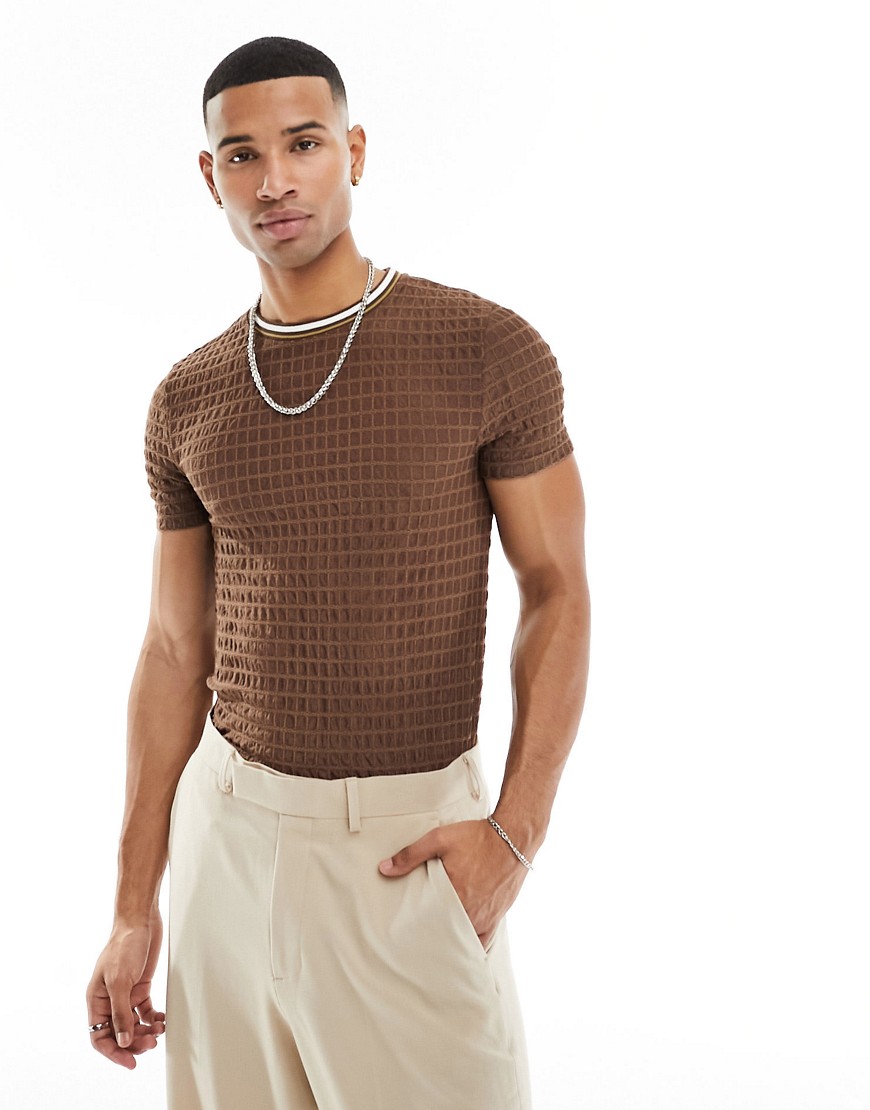 ASOS DESIGN muscle fit t-shirt in sheer texture with ringer detail-Brown