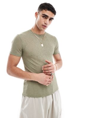 ASOS DESIGN muscle fit t-shirt in sheer texured khaki-Green