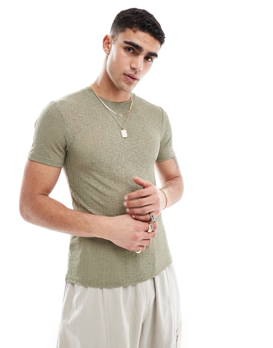 ASOS DESIGN muscle fit t-shirt in sheer texured khaki-Green