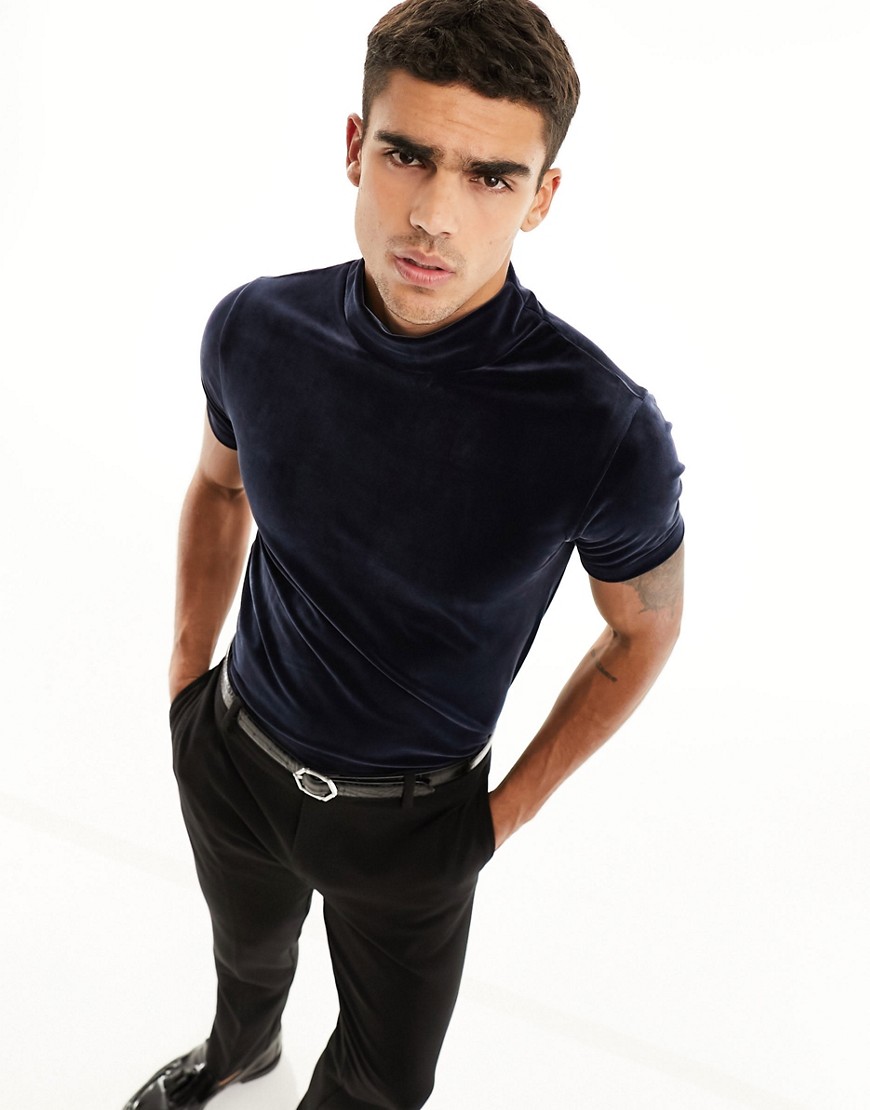 ASOS DESIGN muscle fit t-shirt in velour with turtle neck in navy-No colour