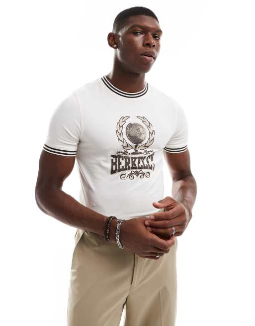 ASOS DESIGN - Muscle fit T-shirt met campusprint op de voorkant in gebroken wit