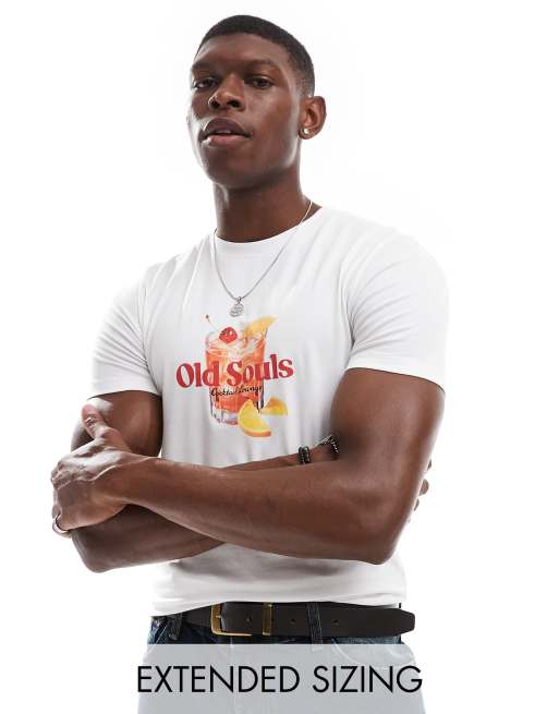 ASOS DESIGN - Muscle fit T-shirt met gekleurd randje in wit met print op de borst