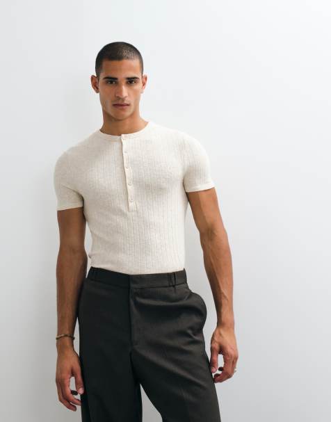 ASOS DESIGN muscle fit T-shirt met henley in neutrale linnenlook rib - view 1