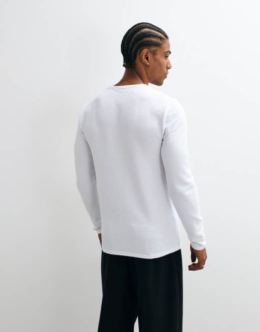 ASOS DESIGN muscle fit T-shirt met lange mouwen en bies in wit met textuur, 3 van 10