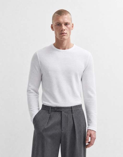 ASOS DESIGN muscle fit T-shirt met lange mouwen en bies in wit met textuur, 6 van 10