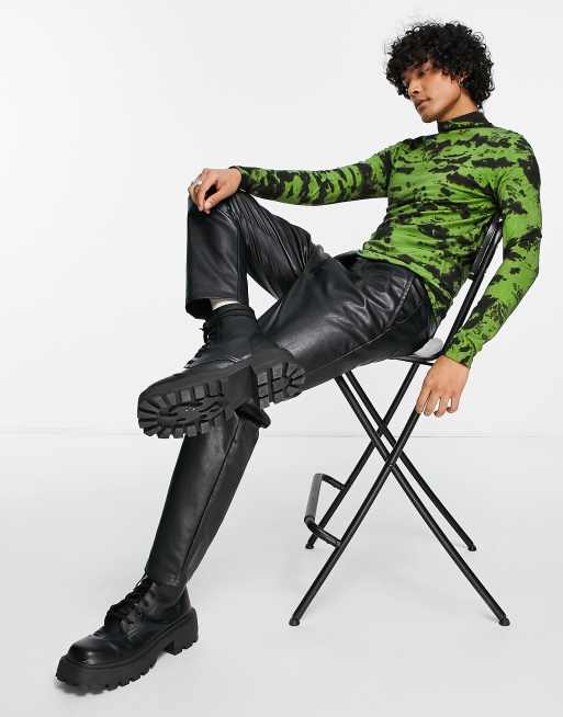 ASOS DESIGN - Muscle fit T-shirt met lange mouwen en col in groene tie-dye