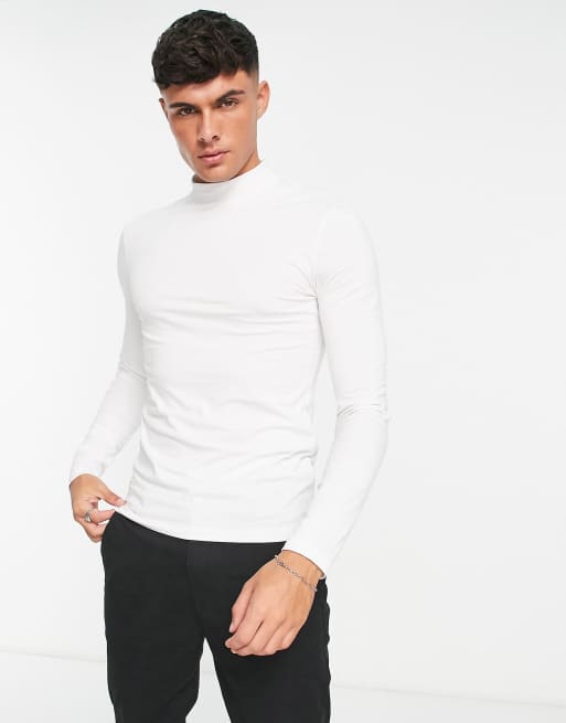 ASOS DESIGN - Muscle fit T-shirt met lange mouwen en col in wit 