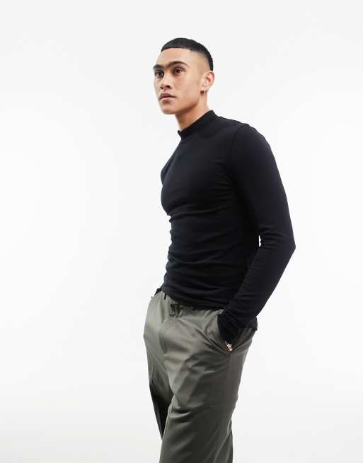 ASOS DESIGN - Muscle fit T-shirt met lange mouwen en col in zwart
