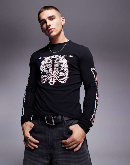 ASOS DESIGN - Muscle fit T-shirt met lange mouwen en Halloween-print op de voorkant en mouwen in zwart