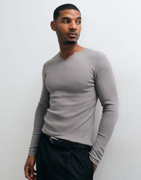 ASOS DESIGN muscle fit T-shirt met lange mouwen en hals met inkeping in grijze ribstof - view 1