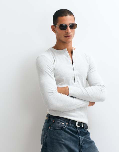 ASOS DESIGN muscle fit T-shirt met lange mouwen en henley in grijs gemêleerd rib - view 1
