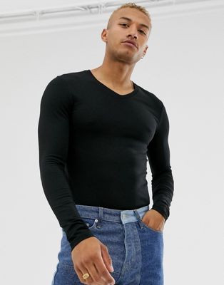 ASOS DESIGN - Muscle fit T-shirt met lange mouwen en V-hals in zwart