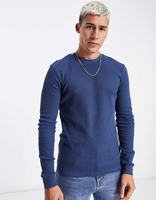 ASOS DESIGN - Muscle-fit T-shirt met lange mouwen en wafelstructuur in blauw 