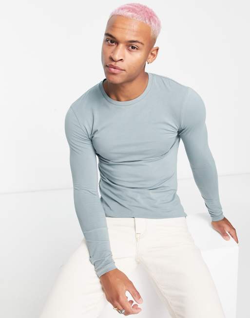 ASOS DESIGN - Muscle fit T-shirt met lange mouwen in grijsblauw 