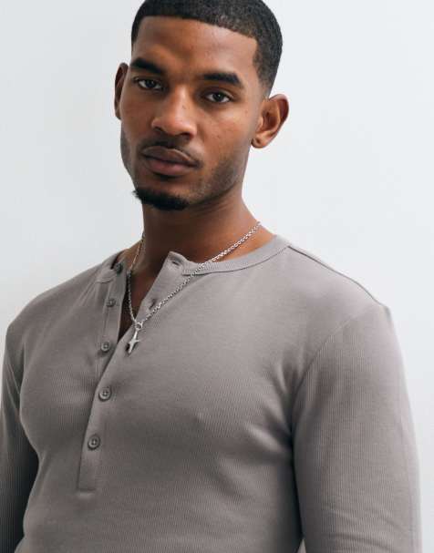 ASOS DESIGN muscle fit T-shirt met lange mouwen in grijze rib en henleyhals - view 1