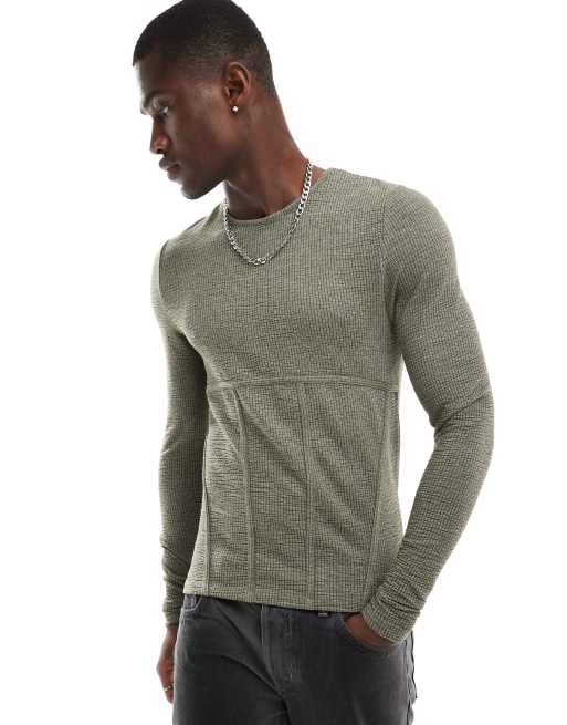 ASOS DESIGN - Muscle fit T-shirt met lange mouwen in kaki textuur met naaddetails