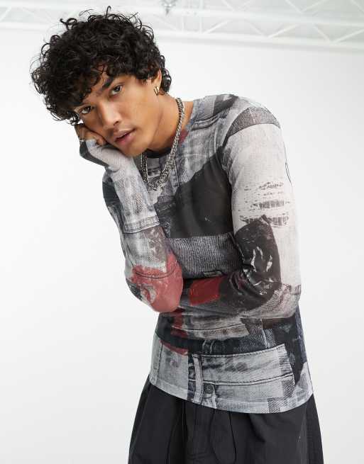 ASOS DESIGN - Muscle fit T-shirt met lange mouwen van mesh met denim-print