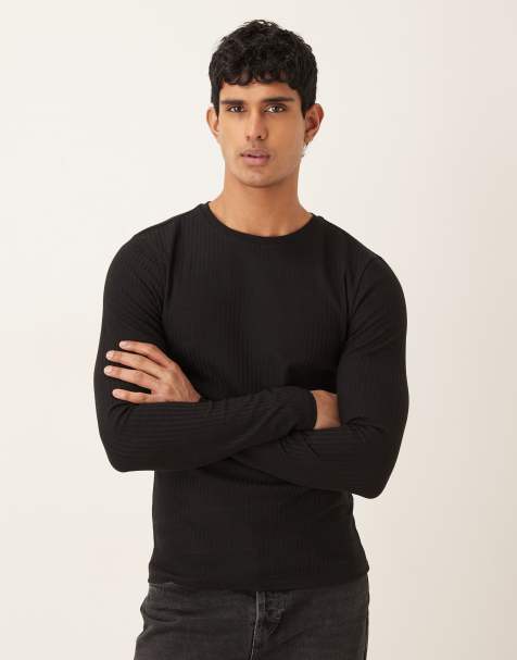 ASOS DESIGN - Muscle fit T-shirt met lange mouwen van zware geribbelde jacquardstof in zwart - view 1