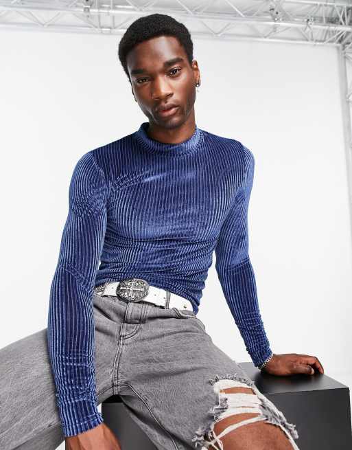 ASOS DESIGN - Muscle fit T-shirt met lange mouwen van zwart en blauw fluweel met col