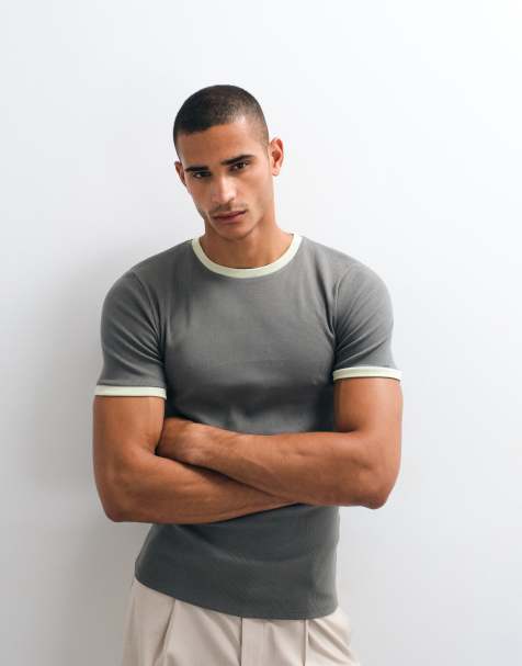 ASOS DESIGN muscle fit T-shirt met ringerdetails in antracietgrijze rib - view 1