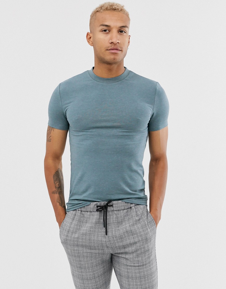 ASOS DESIGN - Muscle fit T-shirt met ronde hals in gemêleerd blauw