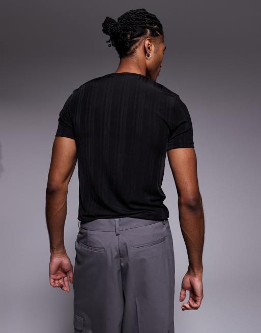 ASOS DESIGN - Muscle fit T-shirt van doorschijnend, geribbeld zwart mesh, 5 van 5