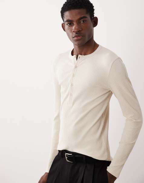 ASOS DESIGN - Muscle fit T-shirt van zware geribbelde stof met lange mouwen in beige - view 1