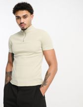 ASOS DESIGN muscle fit ribbed mock neck t-shirt with zip in tan