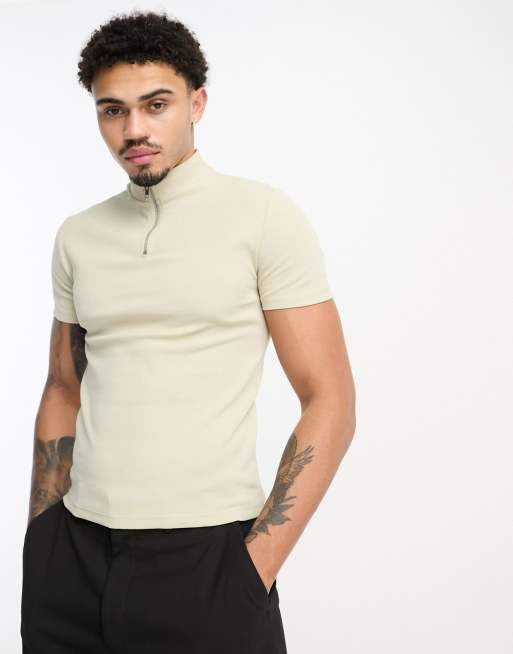 ASOS DESIGN muscle fit t-shirt with bomber neckline in stone