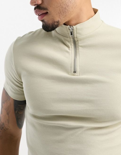 ASOS DESIGN muscle fit ribbed mock neck t-shirt with zip in tan