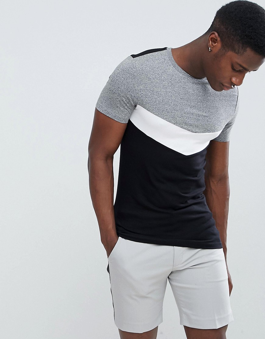 ASOS DESIGN muscle fit t-shirt with chevron colour block in twisted jersey-Grey