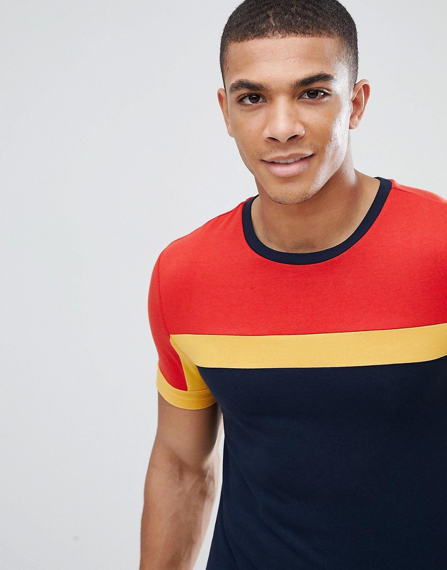ASOS DESIGN muscle fit t-shirt with colour block in navy