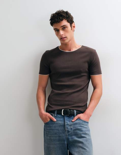 ASOS DESIGN muscle fit t-shirt with contrast detail in brown rib - view 1
