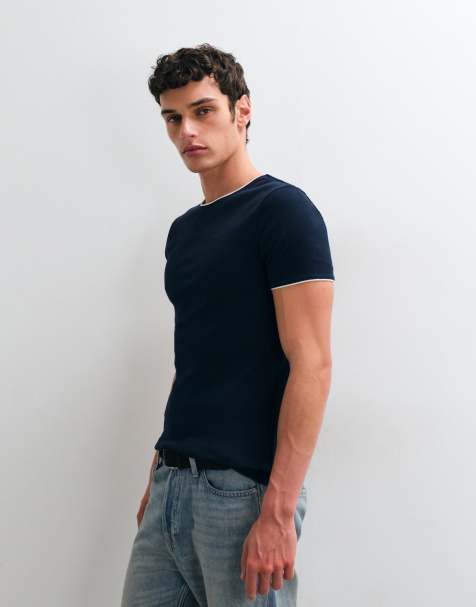 ASOS DESIGN muscle fit t-shirt with contrast detail in navy rib - view 1